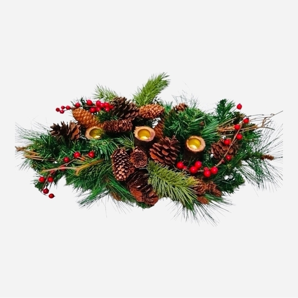 VNTG Christmas Pine Berries Tabletop Garland Xmas Table Centerpiece Candleholder - Picture 2 of 6